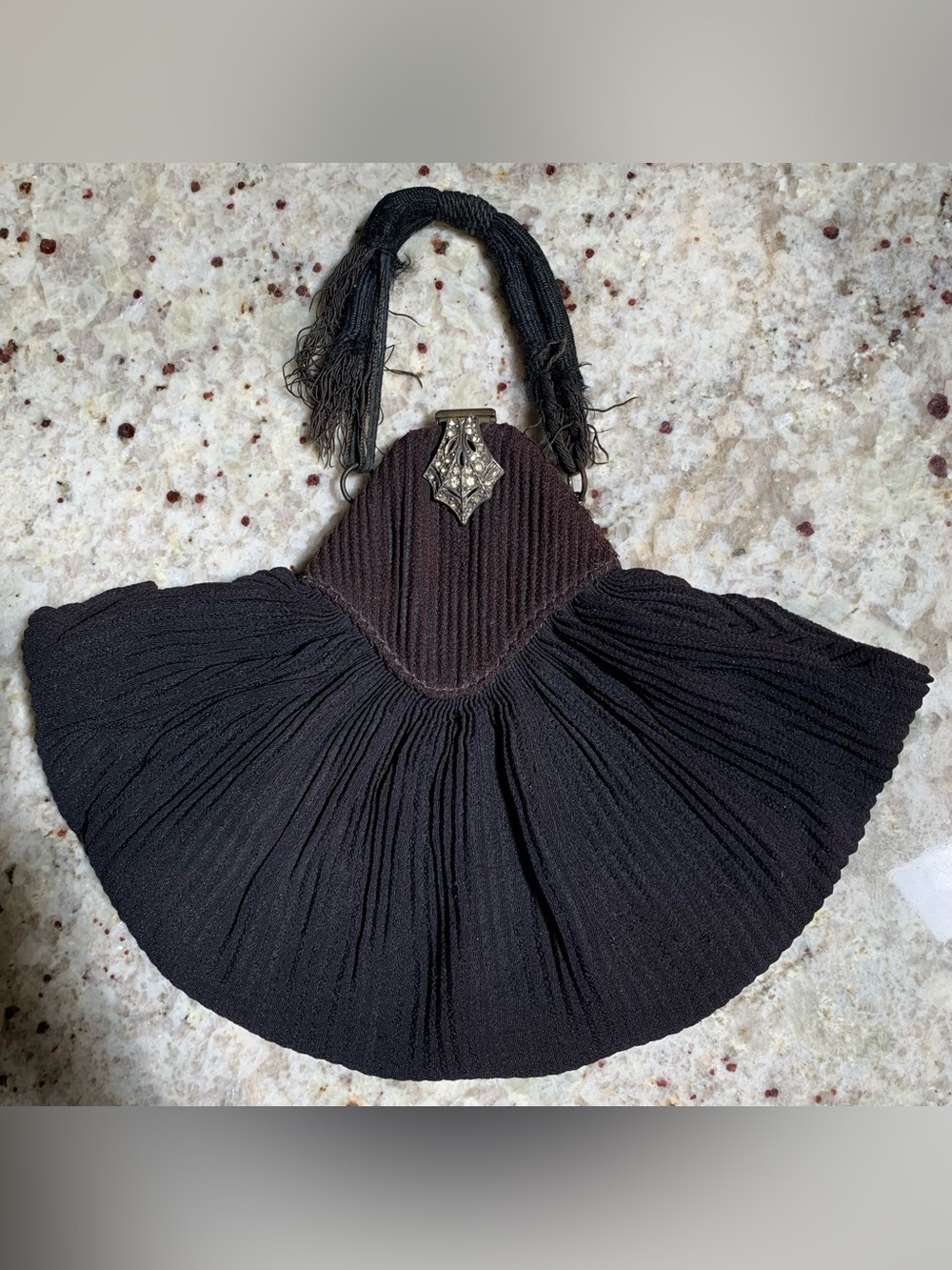 Vintage Art Deco Black Pleated Evening Handbag with Decorative Clasp